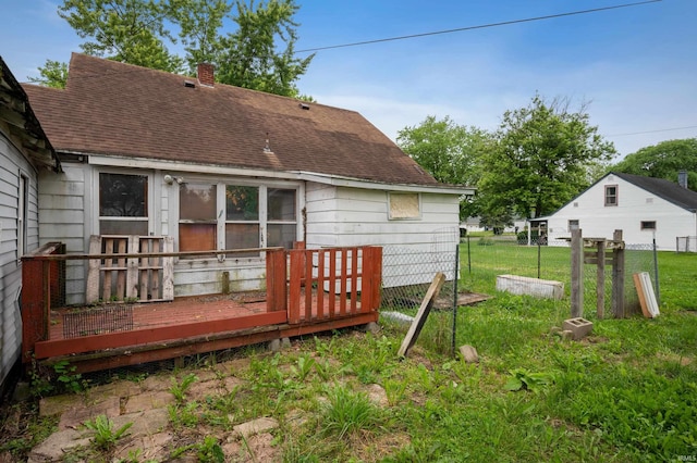 1614 E 24th St, Muncie, IN 47302 - rear view of property with a chimney, a wooden deck, and a shingled roof