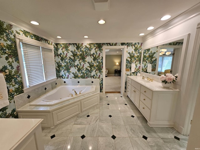 16 Johnson Pl, Evansville, IN 47714 - full bathroom featuring ornamental molding, vanity, wallpapered walls, a tub with jets, and recessed lighting