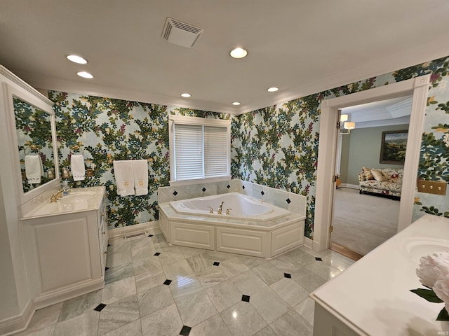 16 Johnson Pl, Evansville, IN 47714 - bathroom featuring vanity, wallpapered walls, recessed lighting, a garden tub, and crown molding