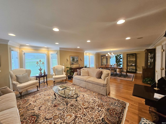 16 Johnson Pl, Evansville, IN 47714 - living room featuring ornamental molding, a chandelier, wood finished floors, and recessed lighting
