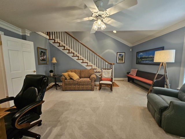 16 Johnson Pl, Evansville, IN 47714 - carpeted living area featuring crown molding, lofted ceiling, ceiling fan, and stairway