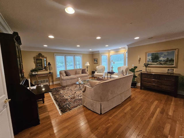 16 Johnson Pl, Evansville, IN 47714 - living room with ornamental molding, hardwood / wood-style floors, and recessed lighting