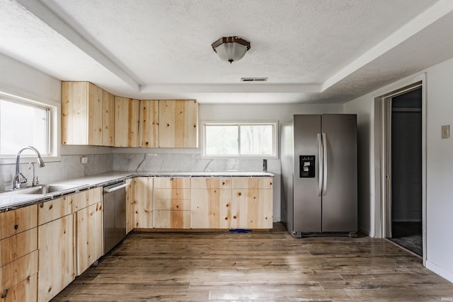 1000 N 500 E, Anderson, IN 46012 - kitchen with light brown cabinets, appliances with stainless steel finishes, dark wood-style floors, a textured ceiling, and a raised ceiling