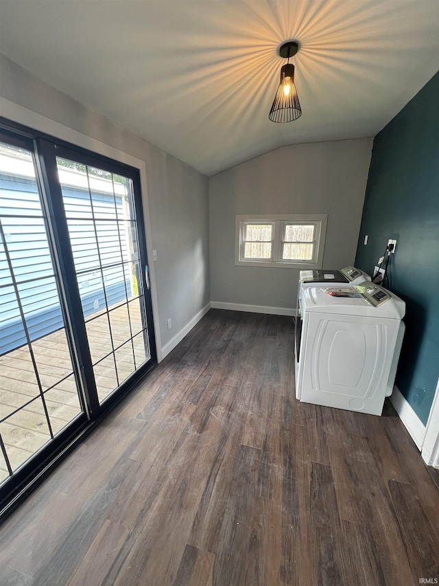 1906 N 15th St, Lafayette, IN 47904 - unfurnished dining area with washer and clothes dryer, dark wood-style flooring, lofted ceiling, and plenty of natural light