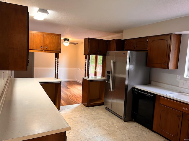 758 W 400 S Rd, Wabash, IN 46992 - kitchen featuring dishwasher, stainless steel fridge, light countertops, wainscoting, and ceiling fan