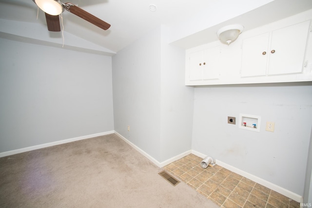 631 W 8th St, Bicknell, IN 47512 - laundry room featuring cabinet space, electric dryer hookup, ceiling fan, and hookup for a washing machine