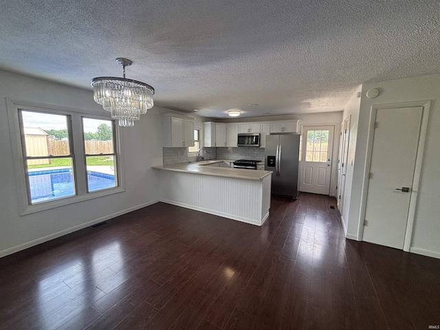 1821 E Johnson Ln, Vincennes, IN 47591 - kitchen featuring stainless steel appliances, a peninsula, light countertops, dark wood finished floors, and a textured ceiling