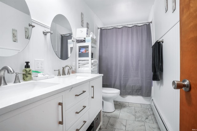 2208 Franklin St, Tell City, IN 47586 - bathroom featuring a baseboard heating unit, marble finish floors, double vanity, and shower / bath combo with shower curtain