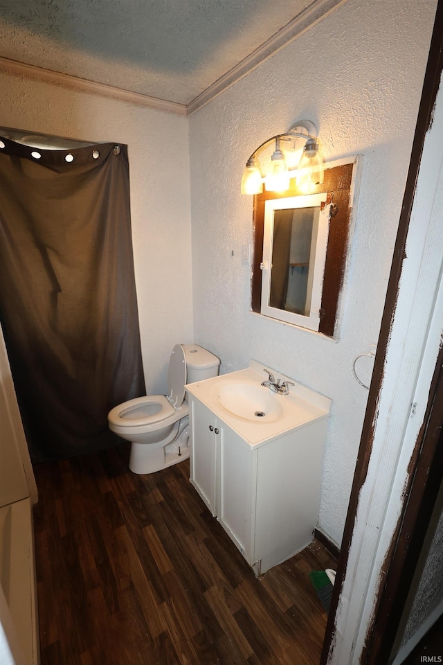 901 Lawndale Ave, South Bend, IN 46628 - bathroom with a textured wall, wood finished floors, vanity, a textured ceiling, and crown molding