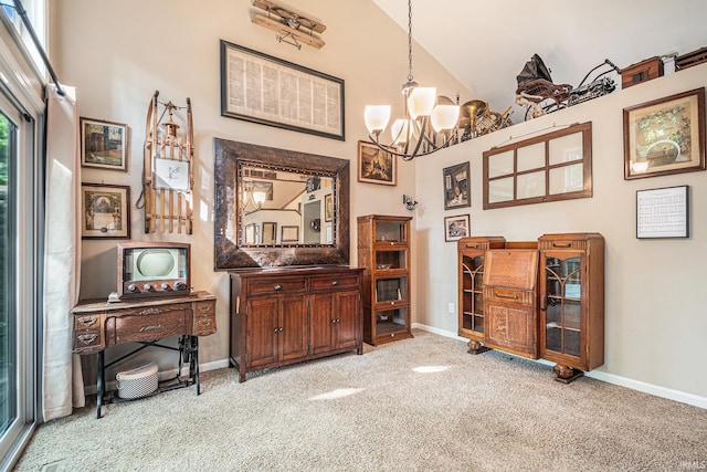 17991 Sable Ridge Dr, South Bend, IN 46635 - office area featuring light colored carpet, a chandelier, and vaulted ceiling