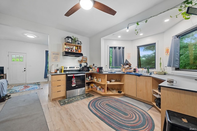 622 Romig St, Lafayette, IN 47901 - kitchen featuring stainless steel electric range oven, open shelves, light brown cabinetry, a ceiling fan, and recessed lighting