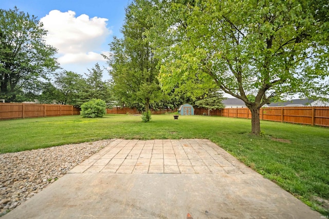 901 N Timberline Cir E, Warsaw, IN 46582 - fenced backyard with a storage unit and a patio