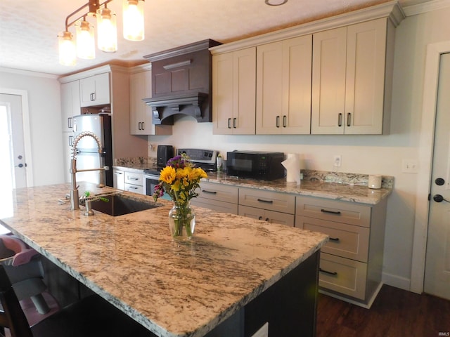 4597 S W Washington School Rd, Salem, IN 47167 - kitchen with stainless steel range with electric stovetop, black microwave, a center island with sink, dark wood finished floors, and light stone countertops
