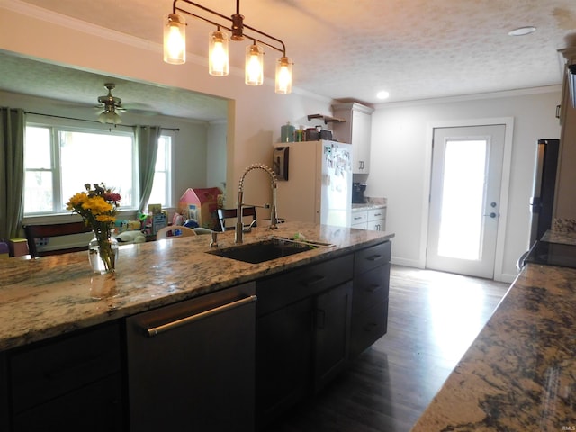 4597 S W Washington School Rd, Salem, IN 47167 - kitchen featuring stainless steel dishwasher, freestanding refrigerator, wood finished floors, ornamental molding, and light stone counters