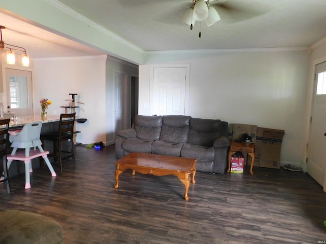 4597 S W Washington School Rd, Salem, IN 47167 - living area featuring ornamental molding, wood finished floors, and ceiling fan