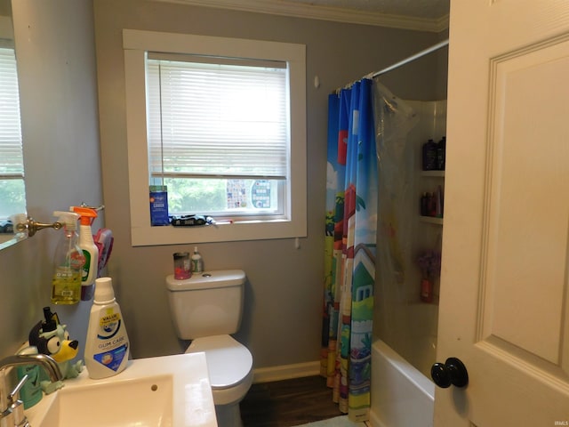 4597 S W Washington School Rd, Salem, IN 47167 - full bath featuring plenty of natural light, crown molding, shower / bathtub combination with curtain, wood finished floors, and vanity