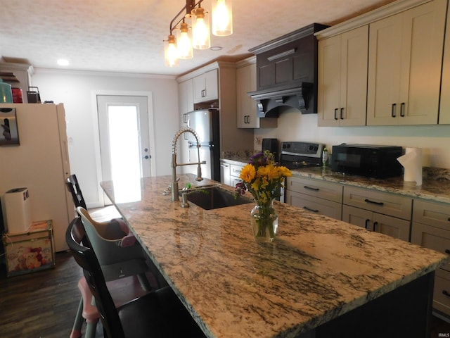 4597 S W Washington School Rd, Salem, IN 47167 - kitchen with extractor fan, a kitchen island with sink, dark wood-type flooring, appliances with stainless steel finishes, and light stone countertops