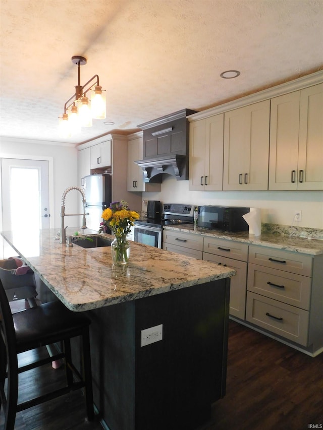 4597 S W Washington School Rd, Salem, IN 47167 - kitchen with electric range, black microwave, custom exhaust hood, dark wood-style floors, and recessed lighting
