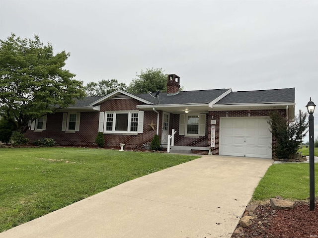 840 Giesler Rd, Jasper, IN 47546 - ranch-style home featuring brick siding, a garage, driveway, a front yard, and a chimney