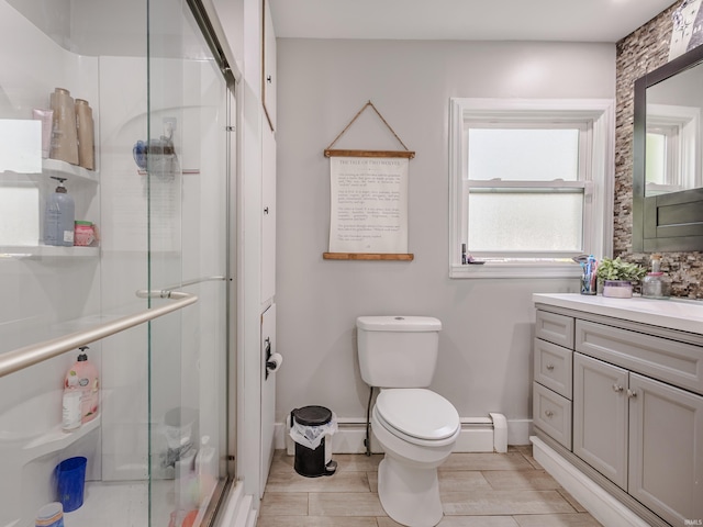 3020 Parnell Ave, Fort Wayne, IN 46805 - bathroom featuring vanity, a shower stall, healthy amount of natural light, and a baseboard radiator