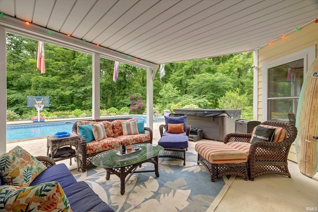 5007 W Michael Ln, Bloomington, IN 47404 - view of patio / terrace with a hot tub, an outdoor living space, and an outdoor pool