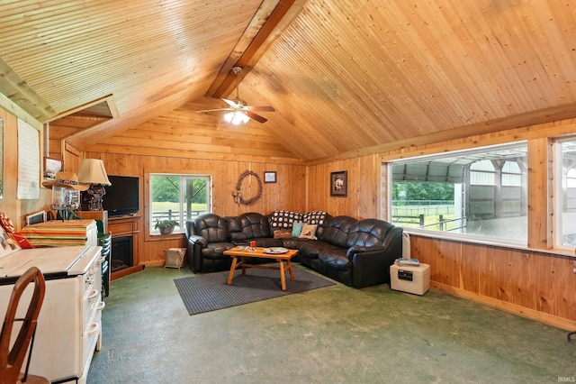 14743 Leesburg Rd, Fort Wayne, IN 46818 - carpeted living room featuring wood walls, ceiling fan, a fireplace, and wood ceiling