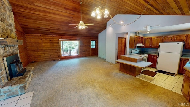 4115 N Aquarius Dr, Monticello, IN 47960 - kitchen with white appliances, open floor plan, wooden ceiling, light countertops, and a ceiling fan
