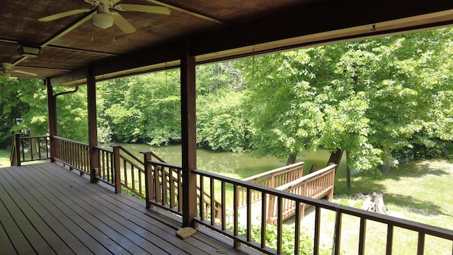 4115 N Aquarius Dr, Monticello, IN 47960 - wooden deck featuring a ceiling fan and a water view