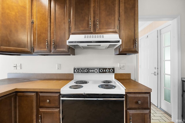 106 W Navajo St, West Lafayette, IN 47906 - kitchen with range with electric cooktop, under cabinet range hood, brick patterned floors, and dark brown cabinets