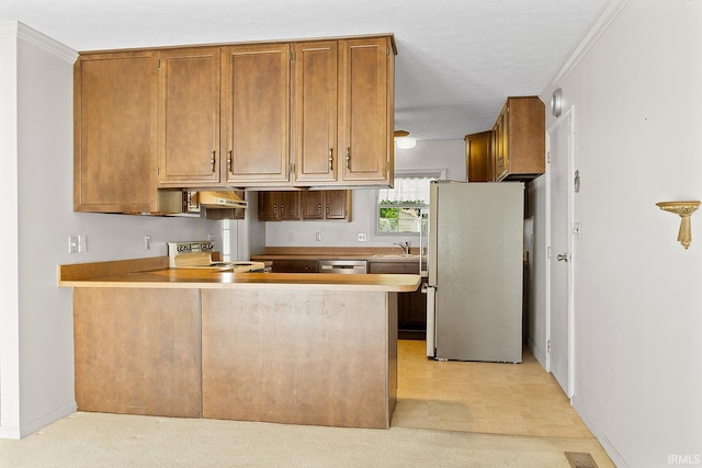 106 W Navajo St, West Lafayette, IN 47906 - kitchen with stainless steel appliances, a peninsula, light colored carpet, and light countertops