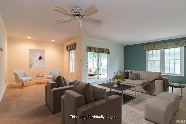 3718 Grasstree Ct, Bloomington, IN 47401 - living room with a ceiling fan, carpet, ornamental molding, and recessed lighting