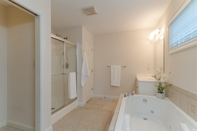 7561 Saint Jordan Cir, Newburgh, IN 47630 - full bath with a stall shower, vanity, a whirlpool tub, and tile patterned flooring