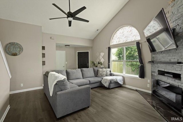 3933 Electra Ct, Lafayette, IN 47905 - living room with high vaulted ceiling, ceiling fan, dark wood finished floors, and a fireplace