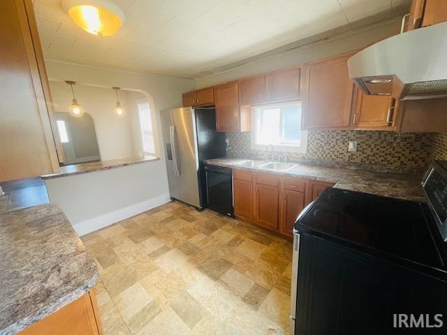 608 W Main St, Greentown, IN 46936 - kitchen featuring electric range, ventilation hood, black dishwasher, backsplash, and stainless steel refrigerator with ice dispenser