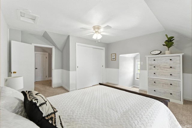 428 E Washington St, Bluffton, IN 46714 - carpeted bedroom with attic access, a closet, lofted ceiling, and ceiling fan