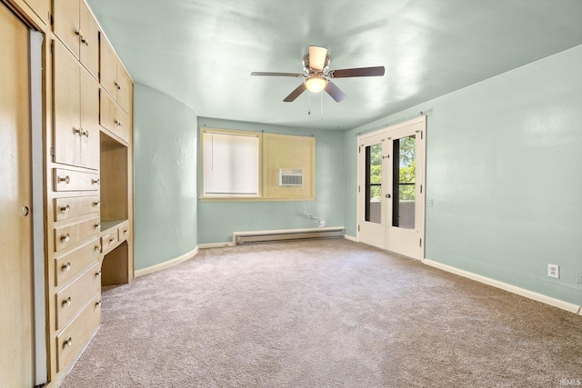 1208 Delta Blvd, Fort Wayne, IN 46805 - unfurnished bedroom with a baseboard radiator, access to outside, light carpet, a wall mounted air conditioner, and ceiling fan