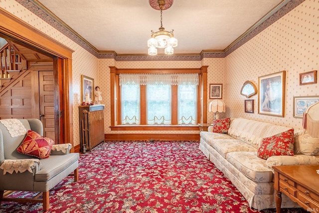 8 Hale St, Lafontaine, IN 46940 - carpeted living room with ornamental molding, a chandelier, stairway, and wallpapered walls