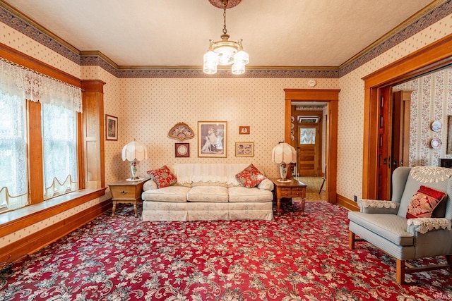 8 Hale St, Lafontaine, IN 46940 - carpeted living room featuring a chandelier and crown molding