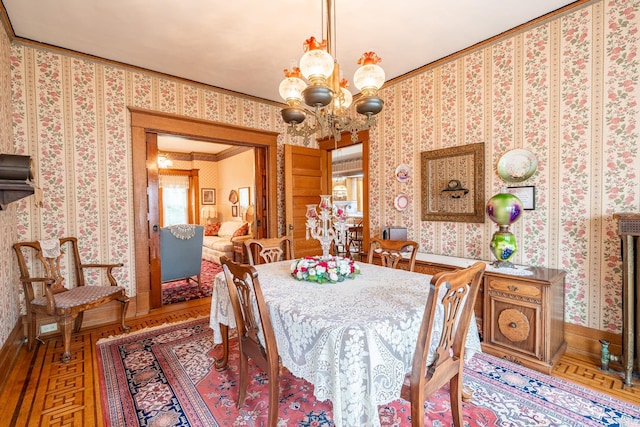 8 Hale St, Lafontaine, IN 46940 - dining room featuring a chandelier, wallpapered walls, and crown molding