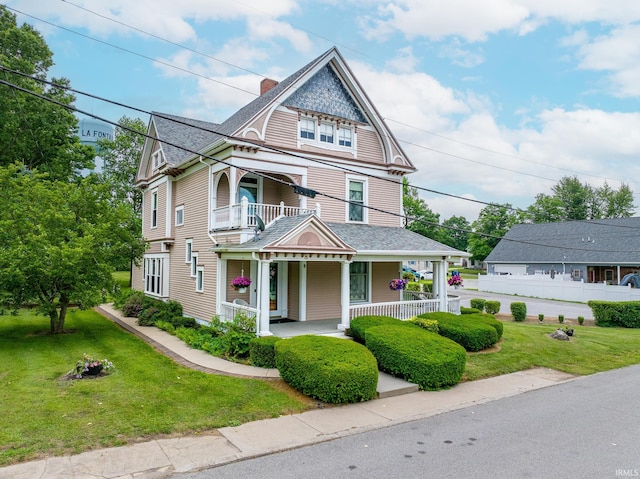 8 Hale St, Lafontaine, IN 46940 - victorian house featuring covered porch, a shingled roof, a balcony, and a chimney