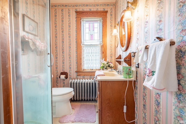 8 Hale St, Lafontaine, IN 46940 - full bath with radiator, wallpapered walls, vanity, and a shower stall