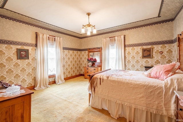 8 Hale St, Lafontaine, IN 46940 - bedroom featuring light carpet, wallpapered walls, and a chandelier