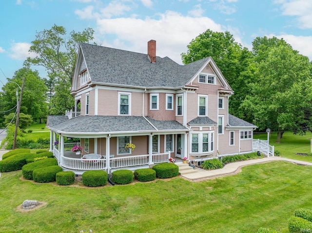 8 Hale St, Lafontaine, IN 46940 - victorian house with a chimney, covered porch, a front lawn, and a shingled roof