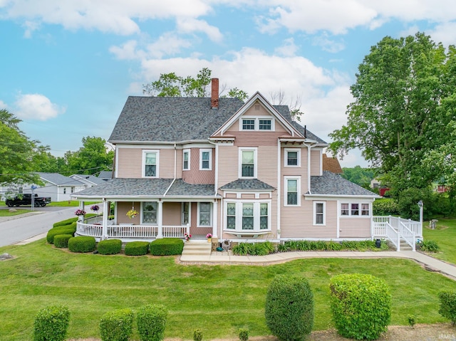 8 Hale St, Lafontaine, IN 46940 - victorian house featuring a chimney, covered porch, a front yard, and a shingled roof