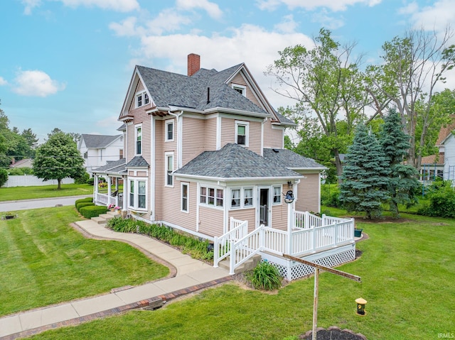 8 Hale St, Lafontaine, IN 46940 - victorian home with a chimney, a front lawn, roof with shingles, and a wooden deck