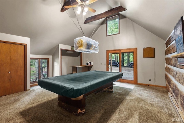 3911 Kings Ridge Rd, Mitchell, IN 47446 - game room featuring carpet flooring, billiards table, a ceiling fan, high vaulted ceiling, and beamed ceiling