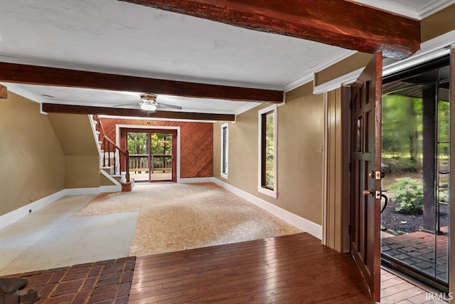 3911 Kings Ridge Rd, Mitchell, IN 47446 - entryway featuring beamed ceiling, stairs, ornamental molding, wood-type flooring, and ceiling fan