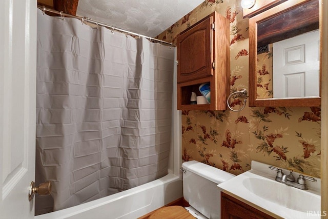 3911 Kings Ridge Rd, Mitchell, IN 47446 - bathroom with wallpapered walls, shower / tub combo, and vanity