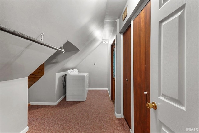 3911 Kings Ridge Rd, Mitchell, IN 47446 - hall with carpet floors, lofted ceiling, and washing machine and clothes dryer