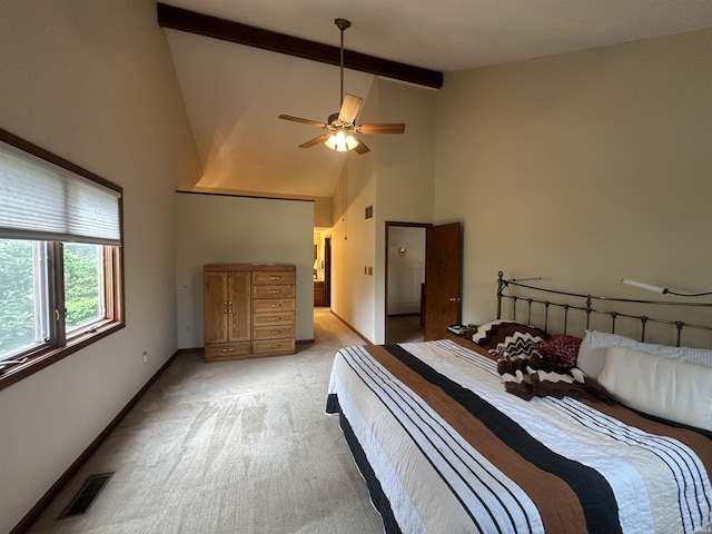 3108 E Charles Ct, Bloomington, IN 47401 - bedroom featuring light carpet, high vaulted ceiling, and beam ceiling